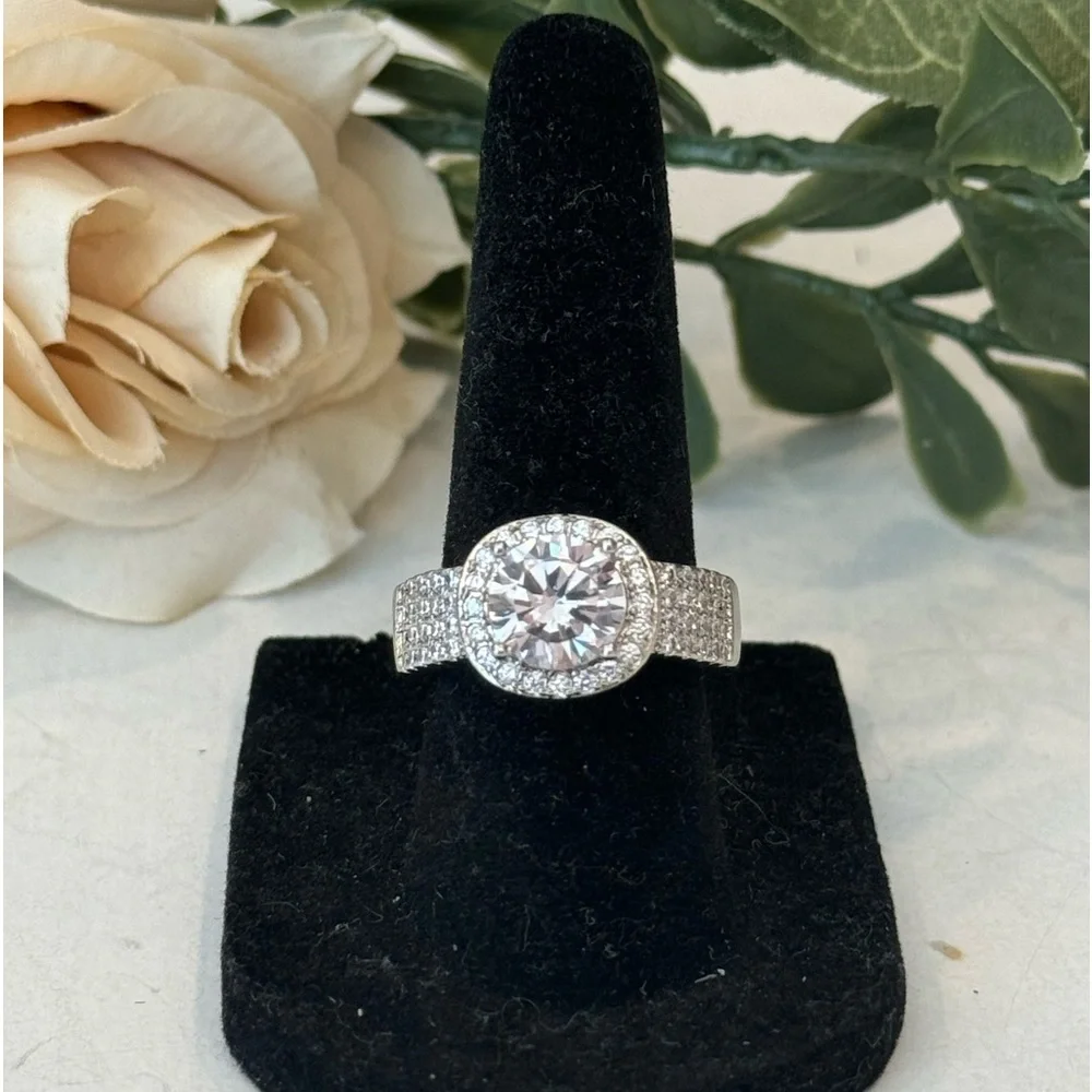 Halo Large CZ Silver Tone Statement Ring – A Touch of Elegance - Picture 2 of 4